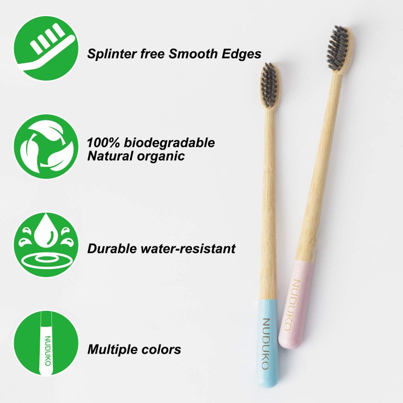 NUDUKO Biodegradable Charcoal Toothbrush Bamboo Toothbrushes - 6 Pack Eco-Friendly, Natural Wooden Tooth Brush, BPA Free Travel Size Organic Soft Bristle Toothbrushes for Adults, Cone Handle - Image 3